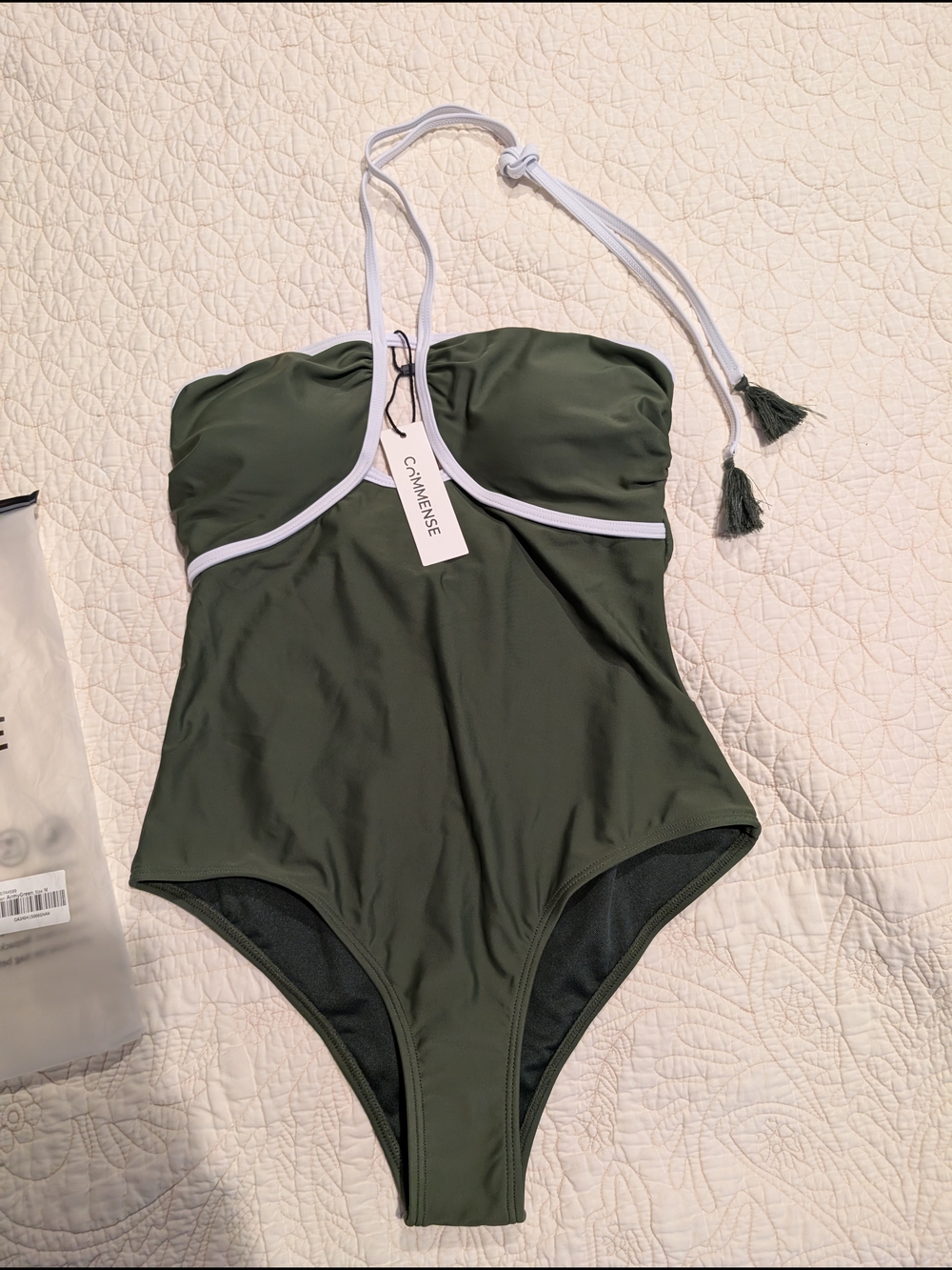 Commense Olive Green One-Piece with White Trim and Halter Tassels